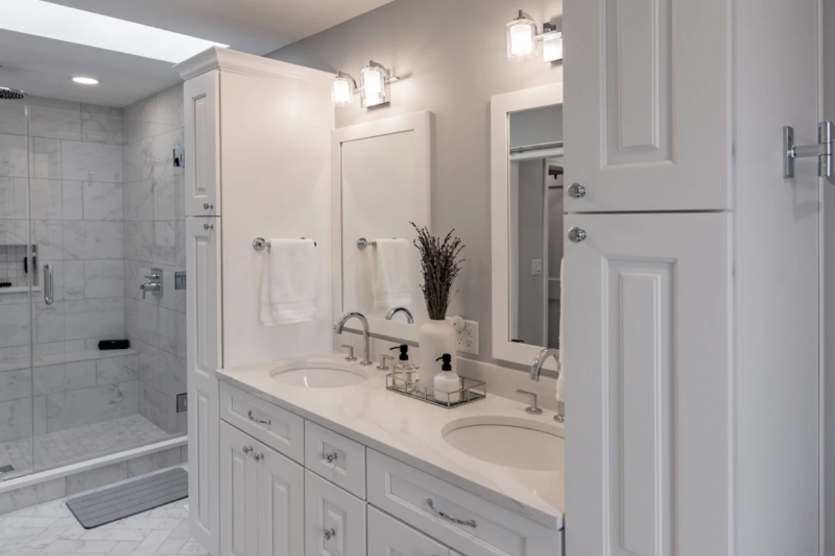 Double-sink vanity with Calacatta Gold quartz in Clarks Summit, PA