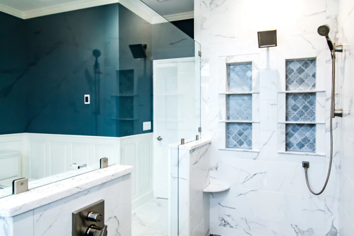Nautical Grey hexagon tile inlay in a Clarks Summit, PA bathroom