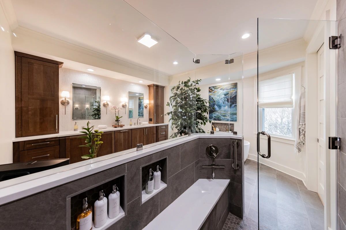 Freestanding soaking tub in a Trucksville, PA spa bathroom