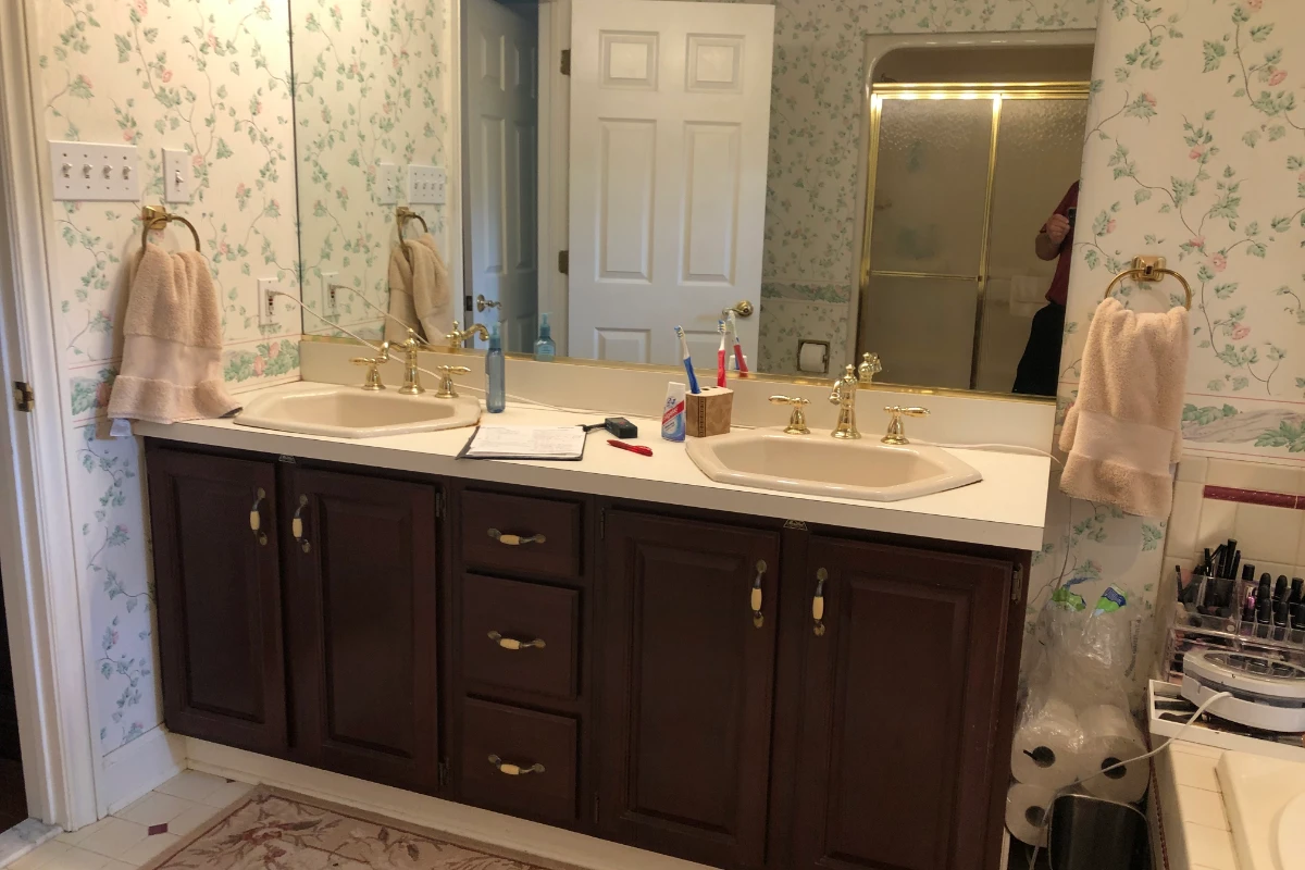 Enclosed bathroom before spa remodel in Dallas, PA