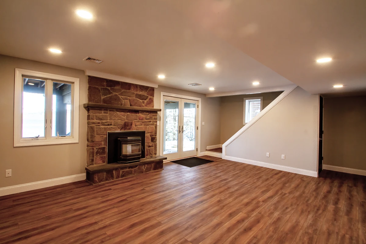 Open living space in a whole-home lake house remodel, Lake Ariel, PA