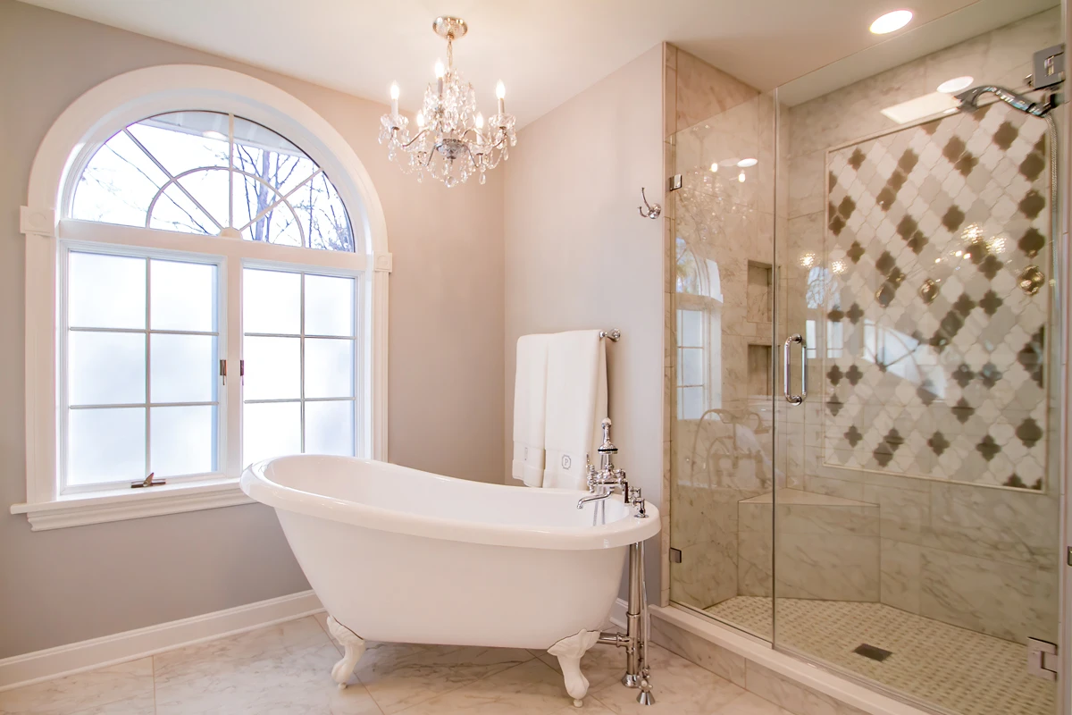 Spa-inspired bathroom remodel with freestanding tub in Dallas, PA