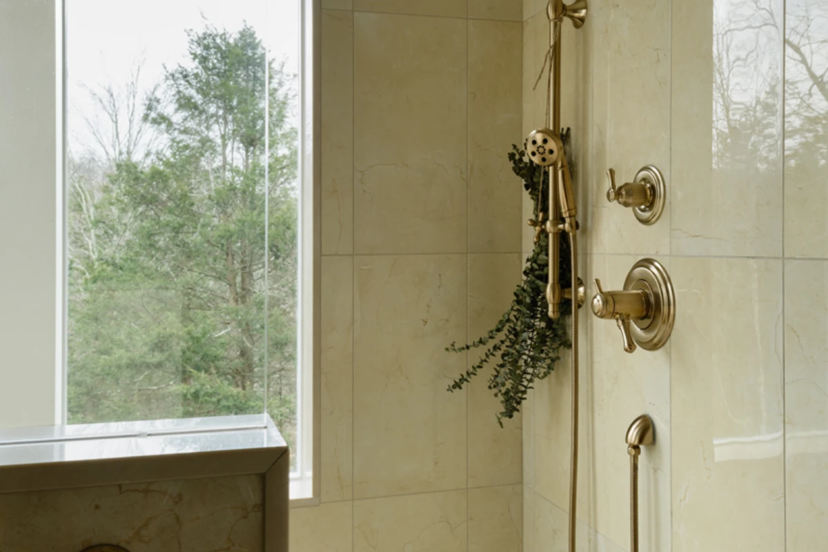 Pebble tile shower floor in a Clarks Summit, PA bathroom remodel