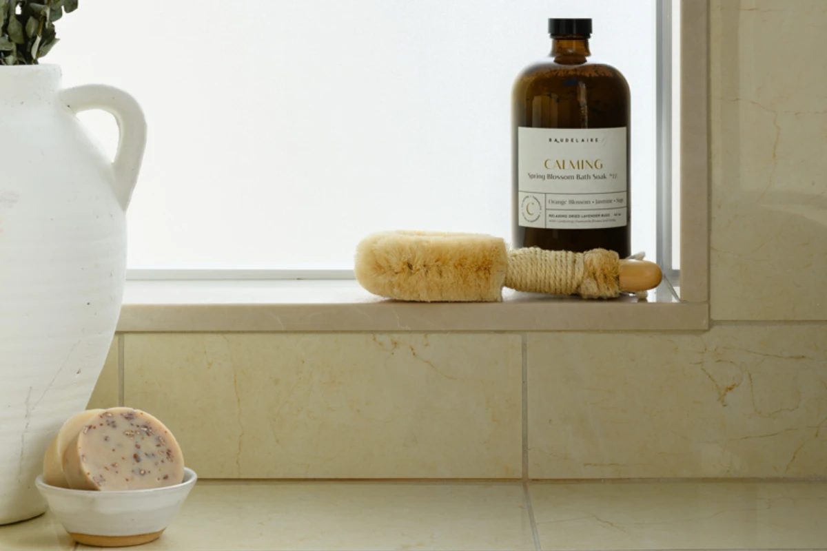 Bouclé feature wall in a spa-inspired Clarks Summit, PA bathroom