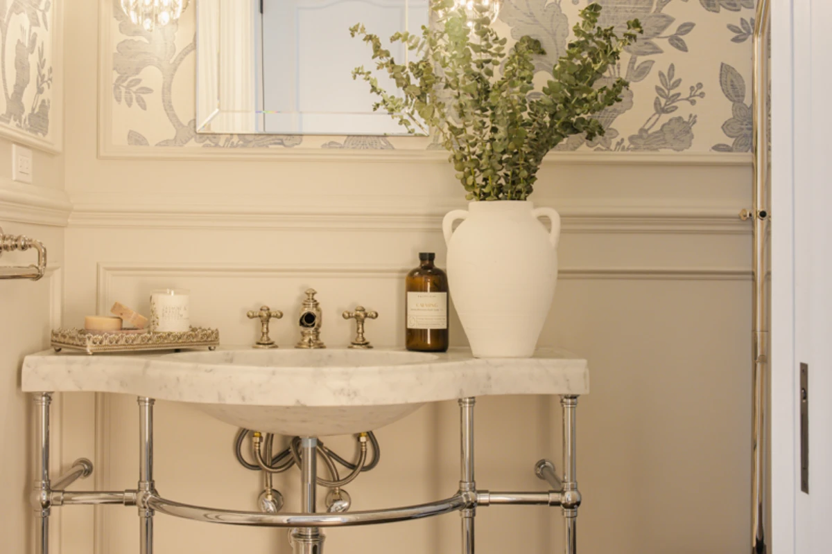 Phillip Jeffries Smokey Blue hemp wallpaper in a Newton Ransom, PA powder room